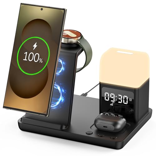 Wireless Charger for Samsung/Android, 6 in 1 Phone Nightstand Charging Station Charger with Alarm Clock/Night Light for Samsung S26/S25/S24 Ultra/Buds4,Watch Charger for Galaxy Watch 8/7/6/5 - color: Ink Black