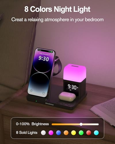Wireless Charging Station Alarm Clock with 8 Touch Night Lights: 5 in 1 Charger Stand for Apple Devices, Charging Dock for iPhone 17 16 15 14 13 12 Pro Max Plus/Apple Watch/AirPods, Dimmable