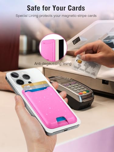 TopMade for Magsafe Wallet, Sparkle Magnetic Card Holder for iPhone 17, iPhone 16/15/14/13/12 Series, Leather Magnetic Phone Wallet with Powerful Magnet, RFID Blocking, Fit 4 Cards, Glitter Pink - color: Glitter Pink