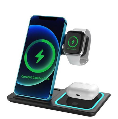 Foldable 3 in 1 Fast Charging Station for Apple Products, iPhone 17 16 15 14 13 12 Pro Max, Travel Dock Adapter & Light for i-Watch Series 11 10 9 Ultra 3/2 SE 3/2,for AirPods 4 3 2 Pro 3/2 (Black) - color: BLACK