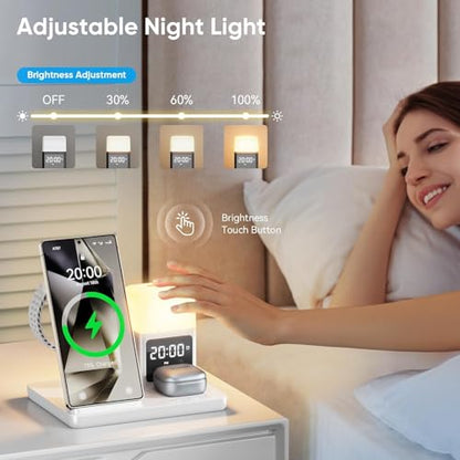 6 in 1 Wireless Charging Station for Samsung Android with Clock & Night Light,Wireless Charger Beside Clock for Galaxy S26 Ultra S25 S24,Galaxy Watch 8/7 Buds 4/3 Pro,Not for Watch 9/Ultra 2 - color: White