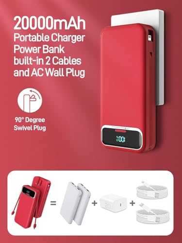 Nusyddy Portable Charger 20000mAh Fast Charging w/Built-in Wall Plug Red - color: Crimson