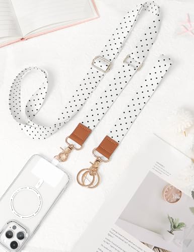 Phone Lanyard Crossbody Strap, Adjustable Neck Strap and Wristlet Strap for Phone Wallet ID Badge with 2 Phone Tabs - color: White Dots