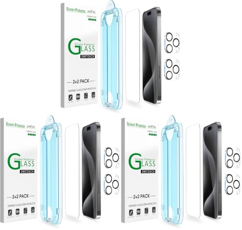 amFilm OneTouch 2+6 Pack Compatible with iPhone 15 Pro Screen Protector 6.1" Tempered Glass with Camera Lens Protector Accessories, Premium Easiest Installation Kit 9H HD, Case Friendly - size: 15P-6.1“ (Pack of 3)