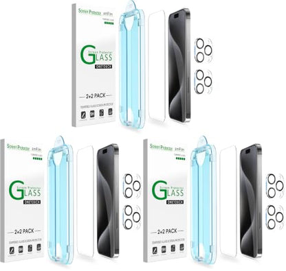 amFilm OneTouch 2+6 Pack Compatible with iPhone 15 Pro Screen Protector 6.1" Tempered Glass with Camera Lens Protector Accessories, Premium Easiest Installation Kit 9H HD, Case Friendly - size: 15P-6.1“ (Pack of 3)