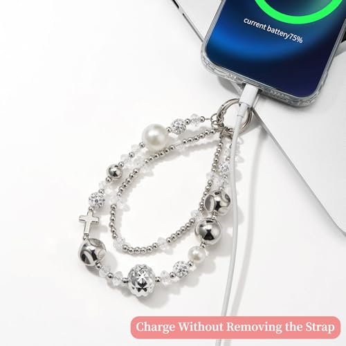WOZEAH Phone Charm for Women, Beaded Wrist Strap Lanyard with Tether Tab – Anti-Theft Hands-Free Detachable Phone Chain Wristlet - color: Cross Double Chain