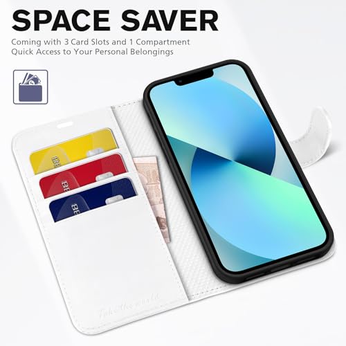 TUCCH Case Wallet for iPhone 13 (6.1") 2021, RFID Blocking Folio, White | 3 Card Holders, Kickstand, PU Leather, Magnetic Closure, Shockproof TPU Shell, Protective Flip Cover - color: White