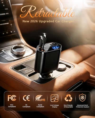 4 in 1 Retractable Car Charger, USB C Fast Charging Adapter, Black - color: Black