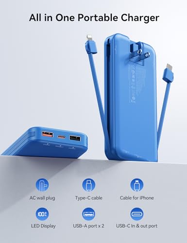 Portable Charger Power Bank 10000mAh with Built in Cables & Wall Plug - color: Steel Blue