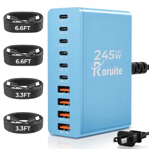 USB C Charging Station 10 Port with 4 Cables,245W GaN Charger Block - color: Blue