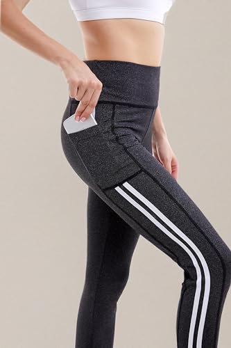 Women's High Waist Active Leggings with Pockets Squat Proof Yoga Workout Pants Tummy Control Stretch Activewear - color: Striped Black, size: X-Large