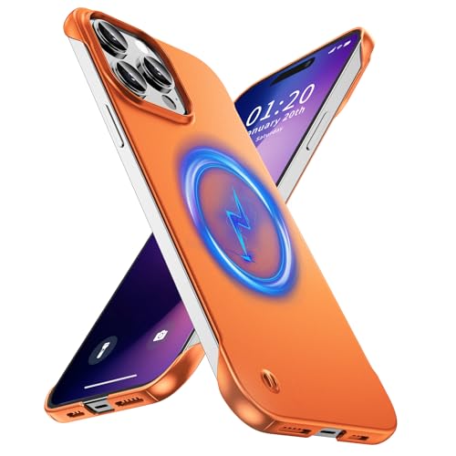 GRECAZO Magnetic Frosted Frameless Case for iPhone 14 Pro, Orange | Compatible with MagSafe, Metallic Finish, Hard PC Cover, Ultra Thin Lightweight Minimalist Borderless, Slim Fit, 6.1-Inch - color: Orange, size: iPhone 14 Pro