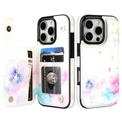 HAOPINSH for iPhone 16 Pro Wallet Case with Card Holder, Pale Flower Pattern Back Flip Folio PU Leather Kickstand Card Slots Case for Women Girls, Double Magnetic Clasp Shockproof 6.3" - color: Pale Flower