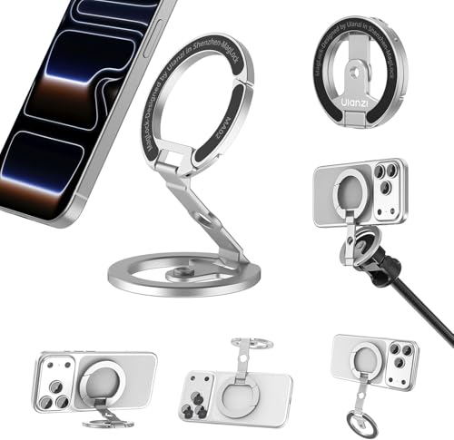 ULANZI MA02 Dual Magnetic Ring Phone Grip Stand, Aluminum for MagSafe Gym Kickstand Compatible with iPhone 17-12 Series, Foldable Phone Tripod Mount with 1/4" Screw for Live Streaming Vlog, Silver - color: Silver