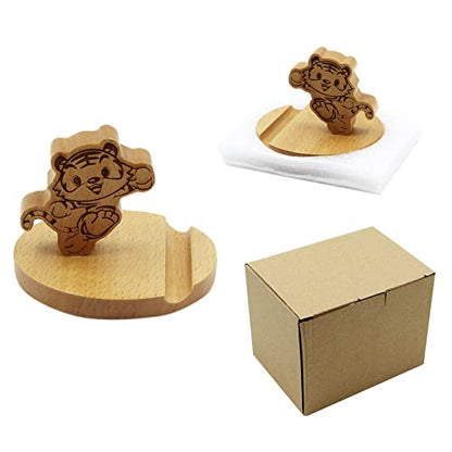 Cute Tiger Wooden Smartphone Desk Holder for All Mobile Phones with Anti-Slip Base and Groove for Phone - color: Tiger