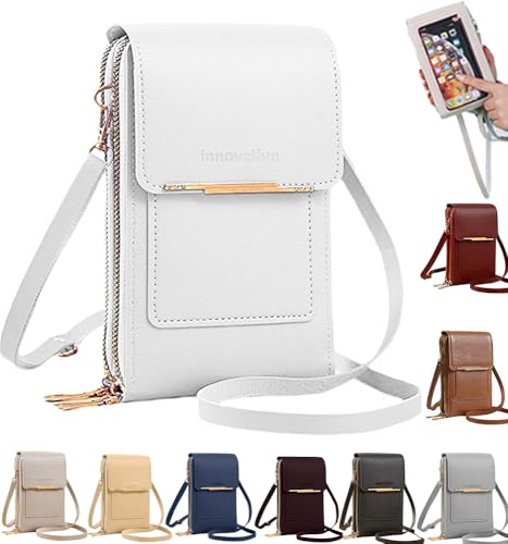 Anti-Theft Leather Bag,Small Crossbody Cell Phone Purse Wallet for Women,Touchscreen Phone Purse Crossbody Bag - color: White