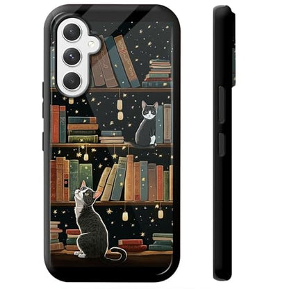 Cute Cat Bookshelf Phone Case for Samsung Galaxy S25, Dual Layer Shockproof Rugged Cover with Soft TPU + Hard PC, Anti-Scratch Slim Fit Wireless Charging Compatible - color: Cute Cat Bookshelf, size: 6.2" Galaxy S25