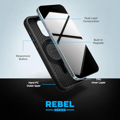 ENCASED Shockproof Case Compatible with iPhone 16 Pro Max - Ultra Protective Heavy Duty Magnetic Phone Cover, Rebel Series (Black) - color: Black, size: iPhone 16 Pro Max