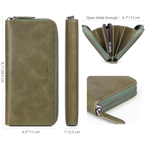 VISOUL Leather Long Zipper Pouch Wallet for Men and Women with RFID Blocking, Large Clutch Cash Long Wallet with Zipper (Olive Green) - color: Olive Green