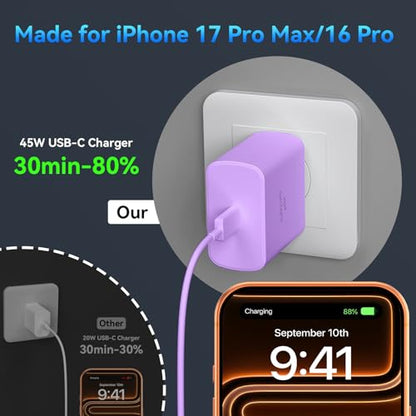 Phone 17 16 Pro Max Charger Fast Charging, 45W Super Fast USB C Charger Block with 10FT Extra Long Fast Charging Cable for 17 16 Pro Max/17 16/16 Plus,15 Pro Max/15 Pro/15, Android Phone-Purple - color: purple, size: 10 Ft