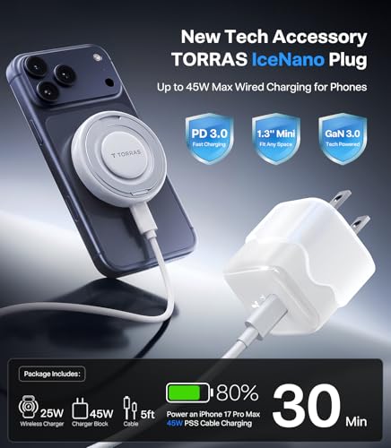 TORRAS Qi2.2 25W Wireless Charger, Magnetic Charger for iPhone Duo/18 Pro Max, Samsung Galaxy S26 S25, Phone Wireless Charger, Phone Charger Stand with Cable and Plug, White
