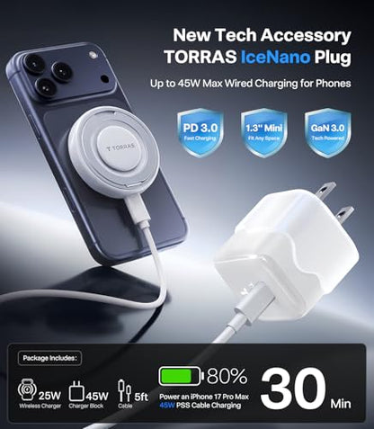 TORRAS Qi2.2 25W Wireless Charger, Magnetic Charger for iPhone Duo/18 Pro Max, Samsung Galaxy S26 S25, Phone Wireless Charger, Phone Charger Stand with Cable and Plug, White