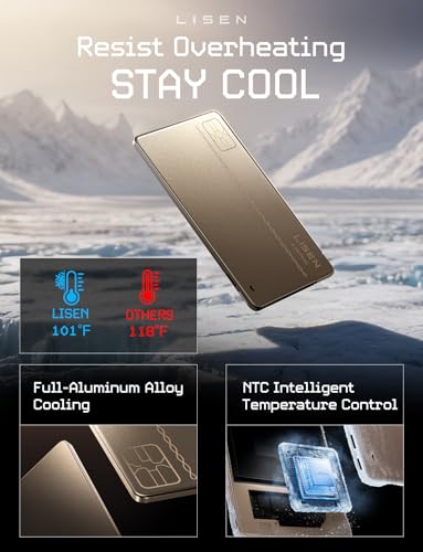 LISEN 0.2'' Ultra Slim Power Bank 5000mAh, USB C Built-in Cable Charger - color: Gold