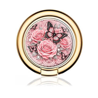Cell Phone Ring Holder, Cute Metal Phone Grip Stand Finger Ring Kickstand, Flexible 360°Rotation Phone Tablet Case Accessories Compatible with Most Phones Pink Rose Butterfly - color: Pink Rose Butterfly
