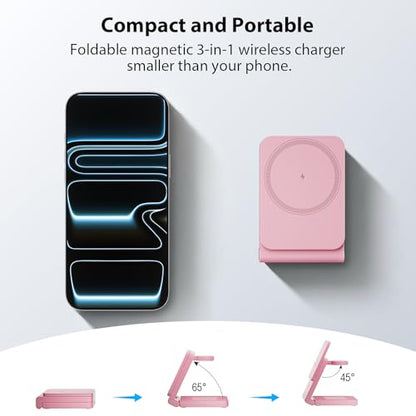 3-in-1 Charging Station for Apple Devices, Foldable Magnetic Wireless Charger Stand, Fast Charger Station for iPhone17/16/15/14/13/12 Pro Max/ AirPods2/3/4 and IWatch Ultra Series(Pink) - color: Pink