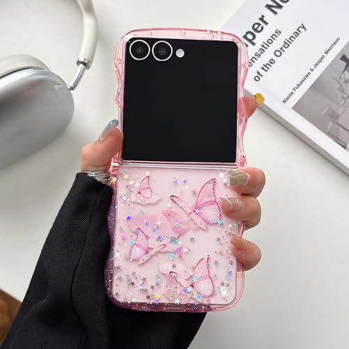 UEEBAI Wave Butterfly Case for Samsung Galaxy Z Flip 7 5G Case, Pretty Bling Star Butterfly Cute Shiny Glitter Phone Cover for Girls Bling Clear Cover Curly Shockproof Girly - Pink - color: Pink, size: Z Flip 7 5G