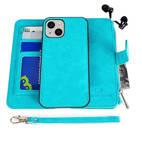MODOS LOGICOS Case Compatible with iPhone 15 6.1", [Detachable Wallet Folio][Zipper Cash Storage][Up to 14 Card Slots 1 Photo Window] PU Leather Purse with Removable Inner Magnetic TPU Case - Teal - color: Teal, size: iPhone 15