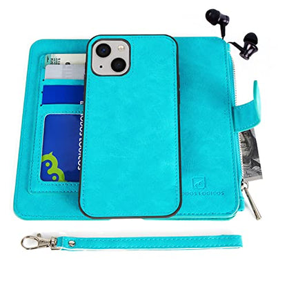 MODOS LOGICOS Case Compatible with iPhone 15 6.1", [Detachable Wallet Folio][Zipper Cash Storage][Up to 14 Card Slots 1 Photo Window] PU Leather Purse with Removable Inner Magnetic TPU Case - Teal - color: Teal, size: iPhone 15