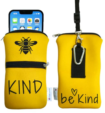 Tainada Dual Zipper Neck Cell Phone Pocket Pouch w/Belt Loop (Be Kind Bee) | For Men/Women; Water-resistant neoprene material, shockproof, lightweight, w/carabiner; Compatible with most of smartphones - color: Be Kind Bee