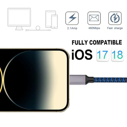 iPhone Charger, Lightning Cable 3PACK 6FT MFi Certified USB Charging Cord - color: Blue