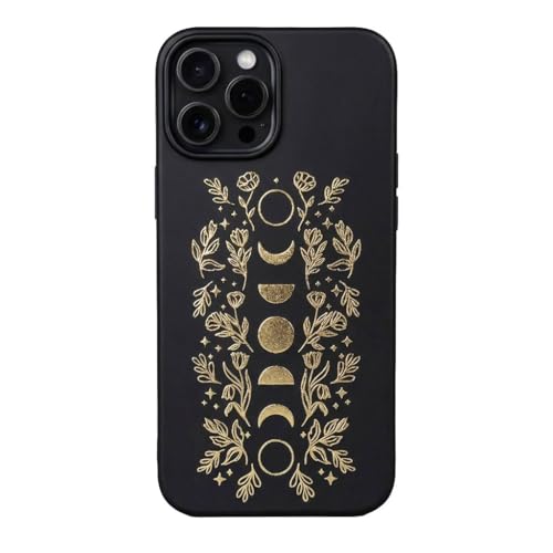 Black Case for iPhone 13 - Gold Moon Phases Shockproof Protective TPU Rubber Matte Aesthetic Lunar Cover Fancy Golden Flowers Magical Trendy Floral Celestial Glitter Design for Women - color: Moon Phase, size: iPhone 13
