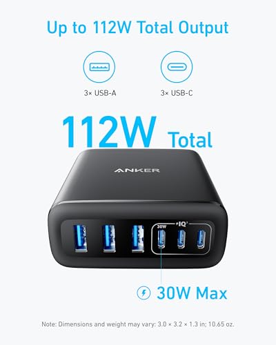 Anker Desktop Charger, Fast Charging USB C Charger with 112W Max 6-Port - color: Black