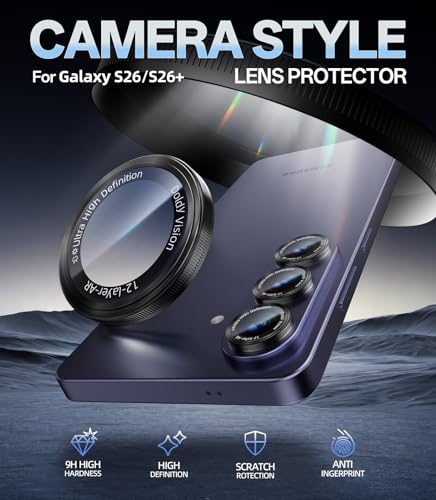 HelloDeere for Samsung Galaxy S26/S26 Plus Camera Lens Protector, Military-Grade 9H+ Tempered Glass AR Optical Tech HD Anti-Glare Anti-Scratch Metal Individual Ring Easy Install Case Friendly, Black - color: S26/S26 Plus (Black)