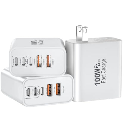 USB C Super Fast Charger Block, 100W USBC Charging Block Wall Plug Adapter - color: White-3Pack