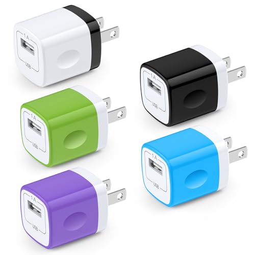 USB Wall Adapter,Charger Cube,5Pack 1A Travel Single Port Wall Charger Plug - color: Black,White,Green,Purple,Blue
