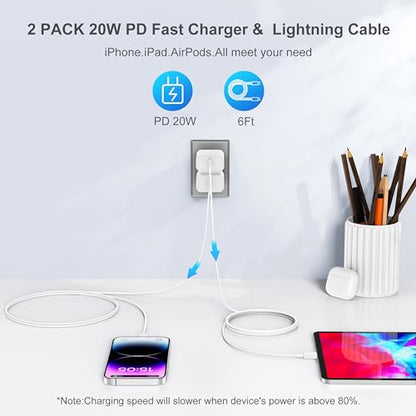 iPhone Charger Fast Charging Original [Apple MFi Certified] 2 Pack Type C Wall Charger Block with 2 Pack 6FT Long USB C to Lightning Cable for iPhone 14/13/12/12 Pro Max/11/Xs Max/XR/X/AirPods Pro