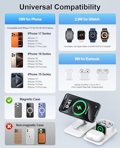 3 in 1 Magnetic Wireless Charger for Apple Multiple Devices, Foldable Fast Charging Station - Magsafe Charger Stand, Travel Charger Pad for iPhone 17 16 15 14 13 12 Series/Apple Watch/AirPods Pro - size: 1 Pack White