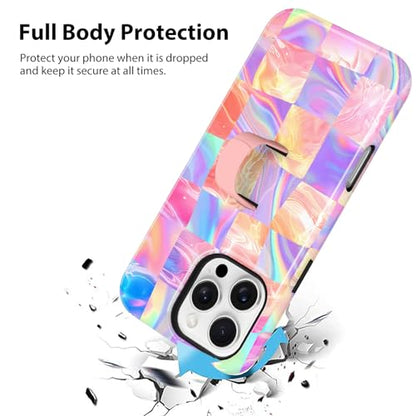 KANGHAR Compatible with iPhone 16 Pro Case Checkered -Iridescent | Silicone Cute Pattern, Finger Hold Wristband Kickstand Camera Protection Soft Slim Phone Case for Girls Women - color: (Checkered)Iridescent Gradient, size: iPhone 16 Pro