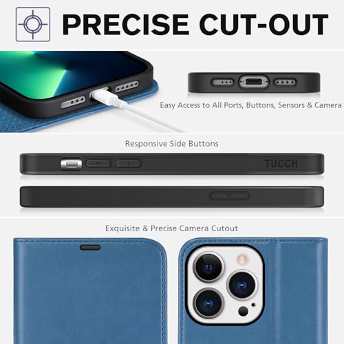 TUCCH Wallet Case for iPhone 13 Pro (6.1") 2021, 3 Card Slots, Lake Blue | RFID Blocking, Viewing Stand, Shockproof TPU Shell, PU Leather, Magnetic Closure, Protective Folio Flip Cover - color: Light Blue