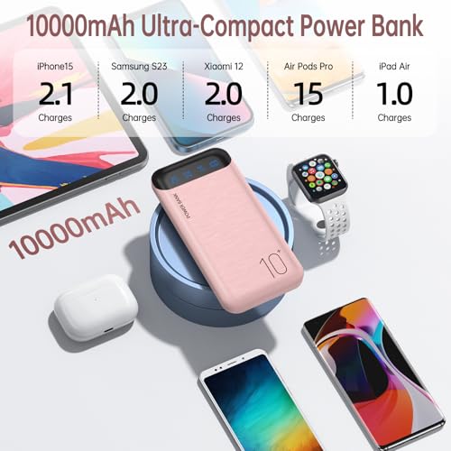 YOBON Power Bank 10000mAh Portable Charger Slim Battery Pack with 2 USB 2.4A Outputs and USB C in/Out Compatible with Huawei iPhone 16 15 14 13 12 iPad Samsung Galaxy S20 Android Tablet (Light Pink) - color: Light Pink