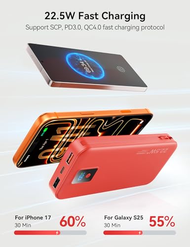 Portable Charger 12000mAh 22.5W w/Built-in Cable & Wall Plug Red - color: Red