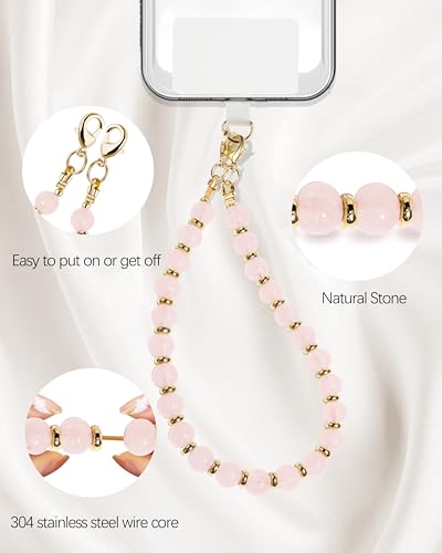 Lostars Gemstone Beaded Phone Wrist Strap for Women, Handmade Design - color: Rose Quartz