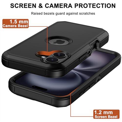 for iPhone 16 Phone Case, Military Grade Drop Protection Cell Phone Cover with Belt Clip Holster Stand, Screen Protector x2 Rugged Shockproof Kickstand for iPhone 16 Case 6.1 inch (Black) - color: Black