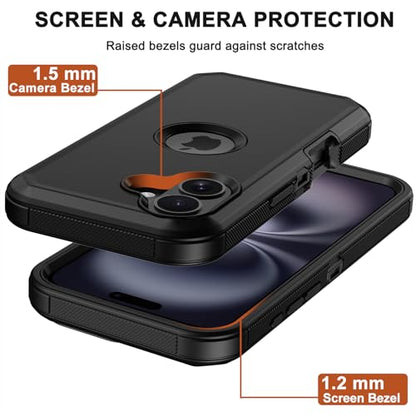 for iPhone 16 Phone Case, Military Grade Drop Protection Cell Phone Cover with Belt Clip Holster Stand, Screen Protector x2 Rugged Shockproof Kickstand for iPhone 16 Case 6.1 inch (Black) - color: Black