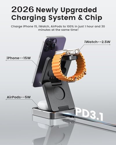 3-in-1 Wireless Charger for iPhone,15W Fast Wireless Charging Station Compatible with Mag-Safe Charger,Magnetic Foldable Travel Charger Stand Nightstand for iPhone 17/16/15/14,Apple Watch&AirPods - color: Black
