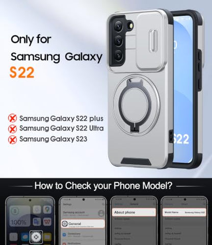 JAME for Samsung Galaxy S22 Case with Ring Stand & Slide Camera Cover - color: Silver, size: Galaxy S22